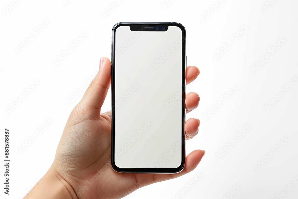 Smartphone mockup on hand with white blank screen created with Generative AI Smartphone mockup on hand with white blank screen created with Generative AI