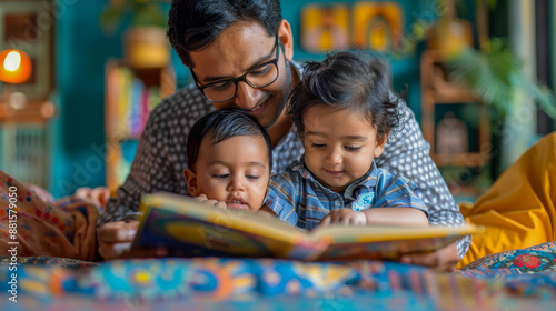 Indian father is lying down and enjoying quality time with his sons while reading them a story © Rajesh