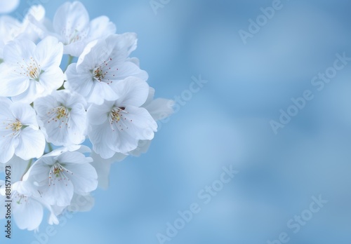 Delicate white cherry blossoms against a serene blue sky