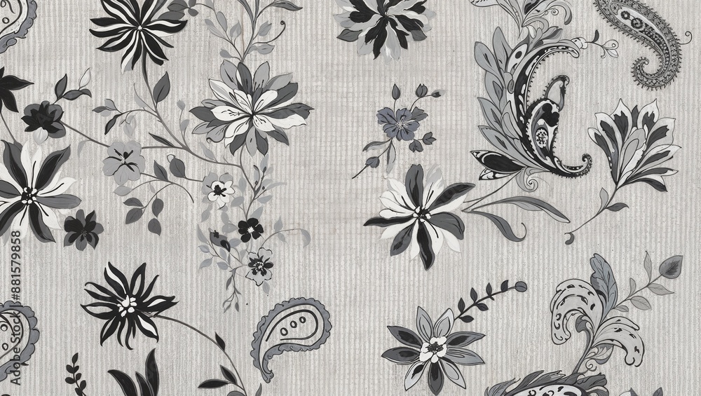 floral and paisley pattern design. The layout features a variety of flowers and paisley shapes in shades of black, white, and grey, creating a monochromatic theme floral and paisley pattern design. The layout features a variety of flowers and paisley shapes in shades of black, white, and grey, creating a monochromatic theme