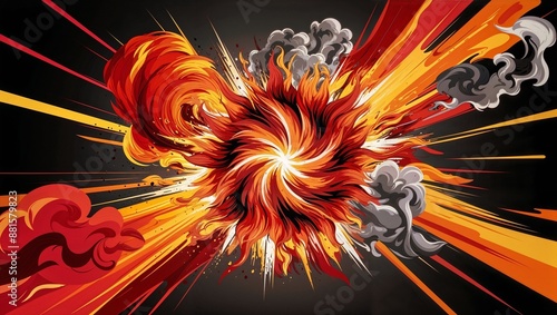 abstract digital artwork featuring an explosive burst of colors and shapes. The central focus is a swirling, fiery explosion with intense shades of red, orange, and yellow, radiating outward in dynami photo