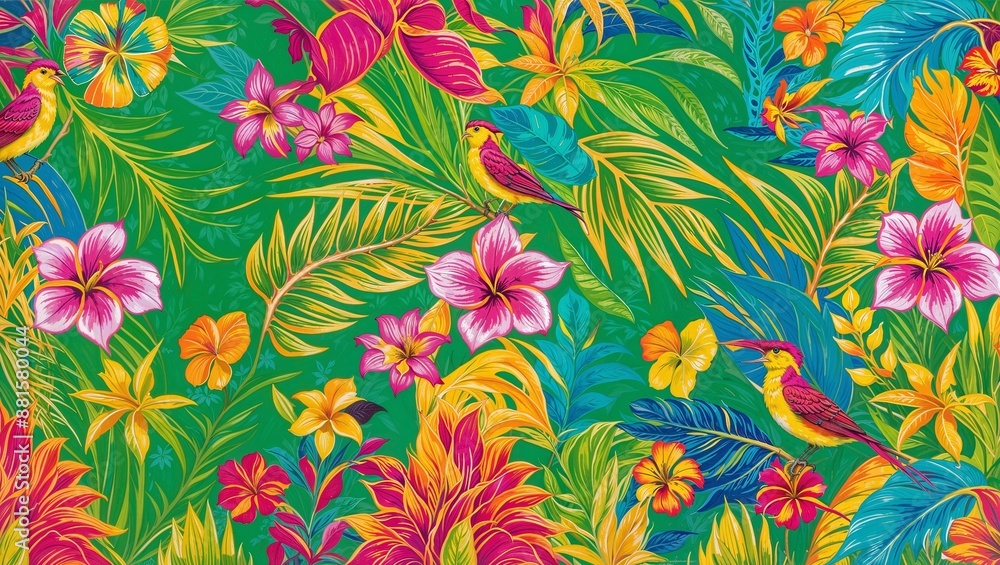 Vibrant and colorful tropical-themed illustration featuring an array of exotic flowers and birds. The layout is dense and richly detailed Vibrant and colorful tropical-themed illustration featuring an array of exotic flowers and birds. The layout is dense and richly detailed