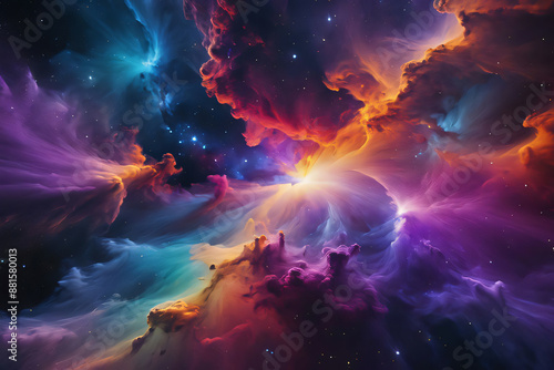 Colorful Nebula with Vibrant Gaseous Clouds and Stars photo