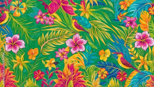 Vibrant and colorful tropical-themed illustration featuring an array of exotic flowers and birds. The layout is dense and richly detailed