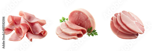 Variety of ham slices on white background. Different cuts of delicious ham perfect for sandwiches, meals, and culinary presentations. photo