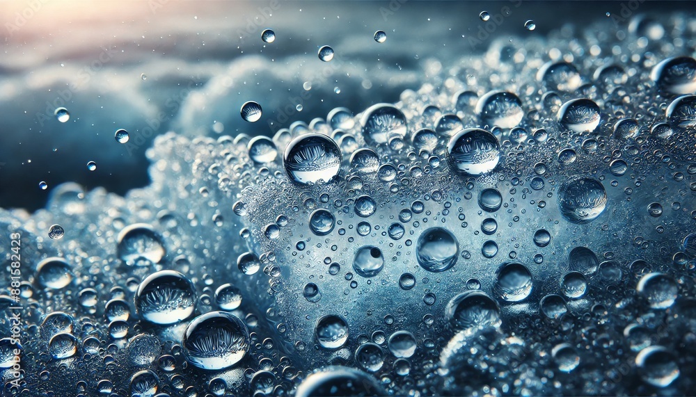 Macro shot of water droplets frozen on the surface of the iceberg, capturing their crystalline structure. Macro shot of water droplets frozen on the surface of the iceberg, capturing their crystalline structure.