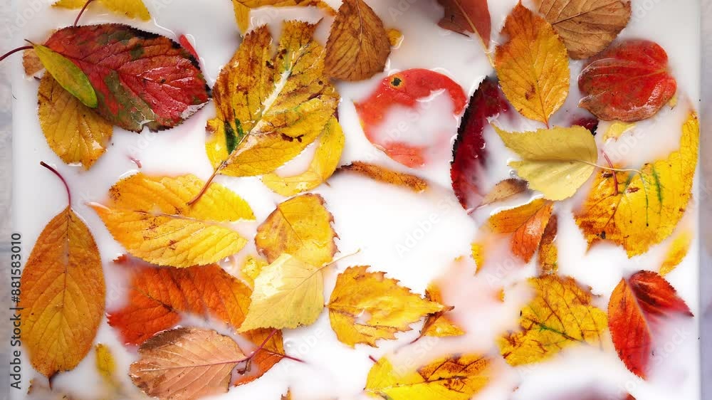Yellow and red autumn leaves fall into milk. High quality 4k footage Yellow and red autumn leaves fall into milk. High quality 4k footage