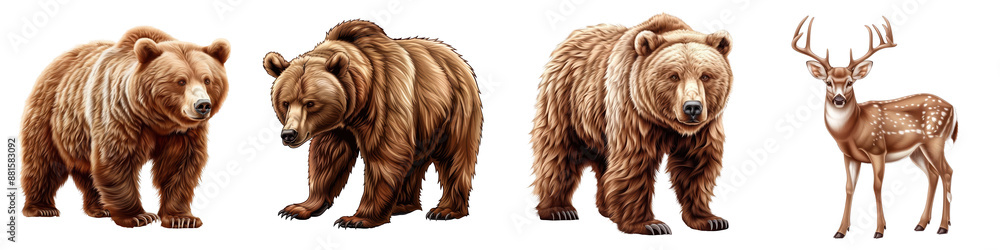 Fototapeta premium Illustration of three bears and a reindeer, depicting wildlife in a natural setting, showcasing the diversity and majesty of wild animals.