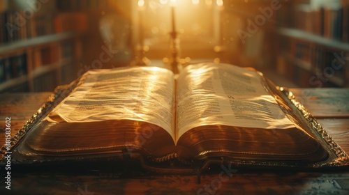 an old Bible on a table. directed light.