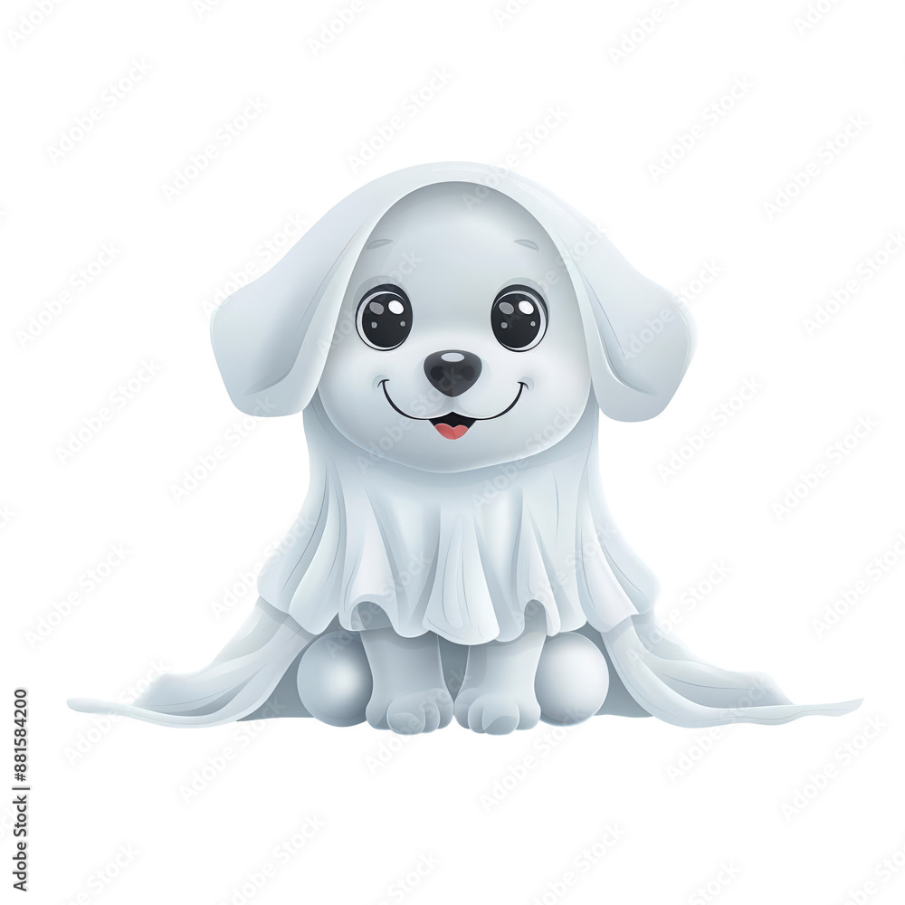 Cute cartoon puppy dressed as a ghost with big eyes and a friendly smile, perfect for Halloween themed designs and decorations. Cute cartoon puppy dressed as a ghost with big eyes and a friendly smile, perfect for Halloween themed designs and decorations.