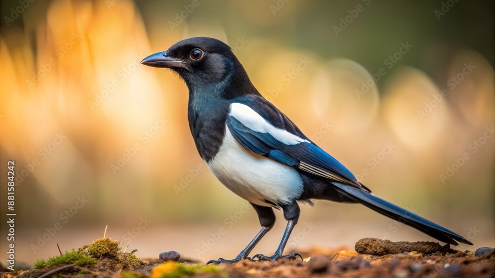 Wide shot of a Magpie standing on the ground, studio portrait. Wide shot of a Magpie standing on the ground, studio portrait.