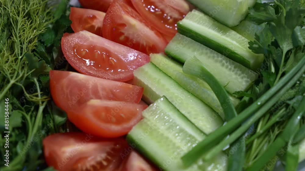 Salad of sliced tomatoes and cucumbers sprinkled with chopped herbs. Fresh vegetables: cucumbers, tomatoes and parsley
Salad of sliced tomatoes and cucumbers sprinkled with chopped herbs. Fresh vegetables: cucumbers, tomatoes and parsley