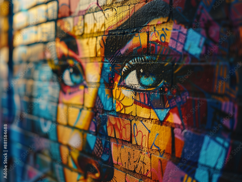 close-up of vibrant graffiti mural depicting a colorful abstract face on a brick wall close-up of vibrant graffiti mural depicting a colorful abstract face on a brick wall