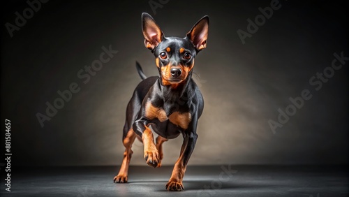 Wide shot of a Miniature Pinscher running, studio portrait.