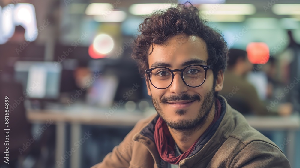 Enthusiastic male journalist in a casual outfit, smiling warmly in a busy newsroom, reflecting dedication to journalism Enthusiastic male journalist in a casual outfit, smiling warmly in a busy newsroom, reflecting dedication to journalism