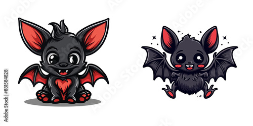 Adorable cartoon bat characters with cute expressions, ideal for Halloween or fantasy-themed projects. photo