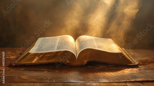 an old Bible on a table. directed light.