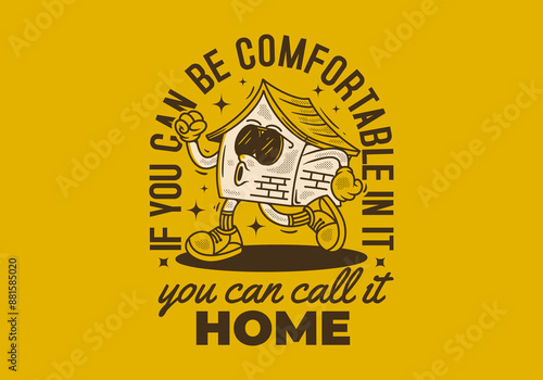 Walking house mascot character in vintage retro style