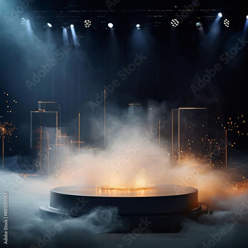 Glowing Stage Under Bright Spotlights with Fog and Smoke photo