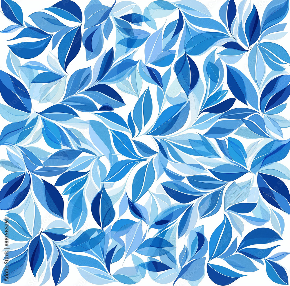Fototapeta premium Seamless blue leaf pattern on a white background, abstract nature design 
