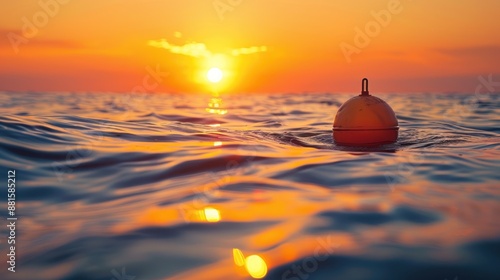 Orange buoy floating on waves during golden sunset over the ocean. Concept of safety, navigation, maritime, and tranquility.