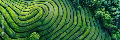 Tea field green plantation agriculture background top leaf farm landscape pattern drone. 