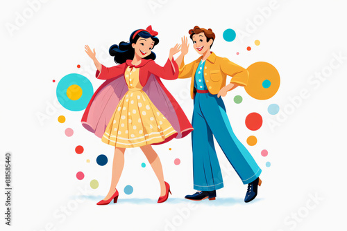 Illustration of a man and woman in vintage clothing dancing happily with colorful polka dots in the background photo