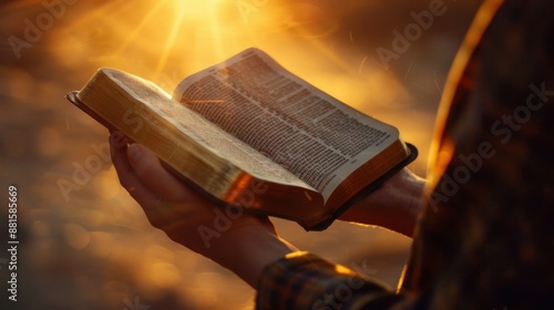 hands hold an open Bible, the sun's rays fall on the Bible.