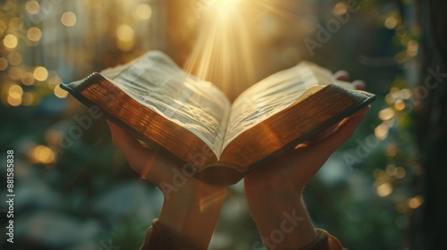 hands hold an open Bible, the sun's rays fall on the Bible.