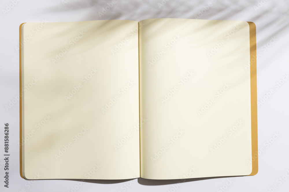 Fototapeta premium An open blank notebook lies on a surface, with copy space