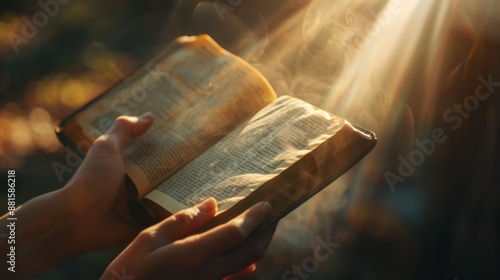 hands hold an open Bible, the sun's rays fall on the Bible.