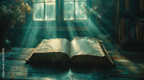 an old Bible on a table. directed light. photo