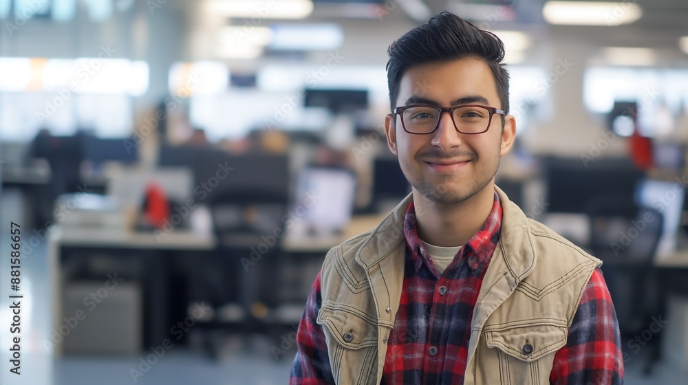 Enthusiastic male journalist smiling warmly in a newsroom environment with desks and computers, showcasing dedication to journalism Enthusiastic male journalist smiling warmly in a newsroom environment with desks and computers, showcasing dedication to journalism