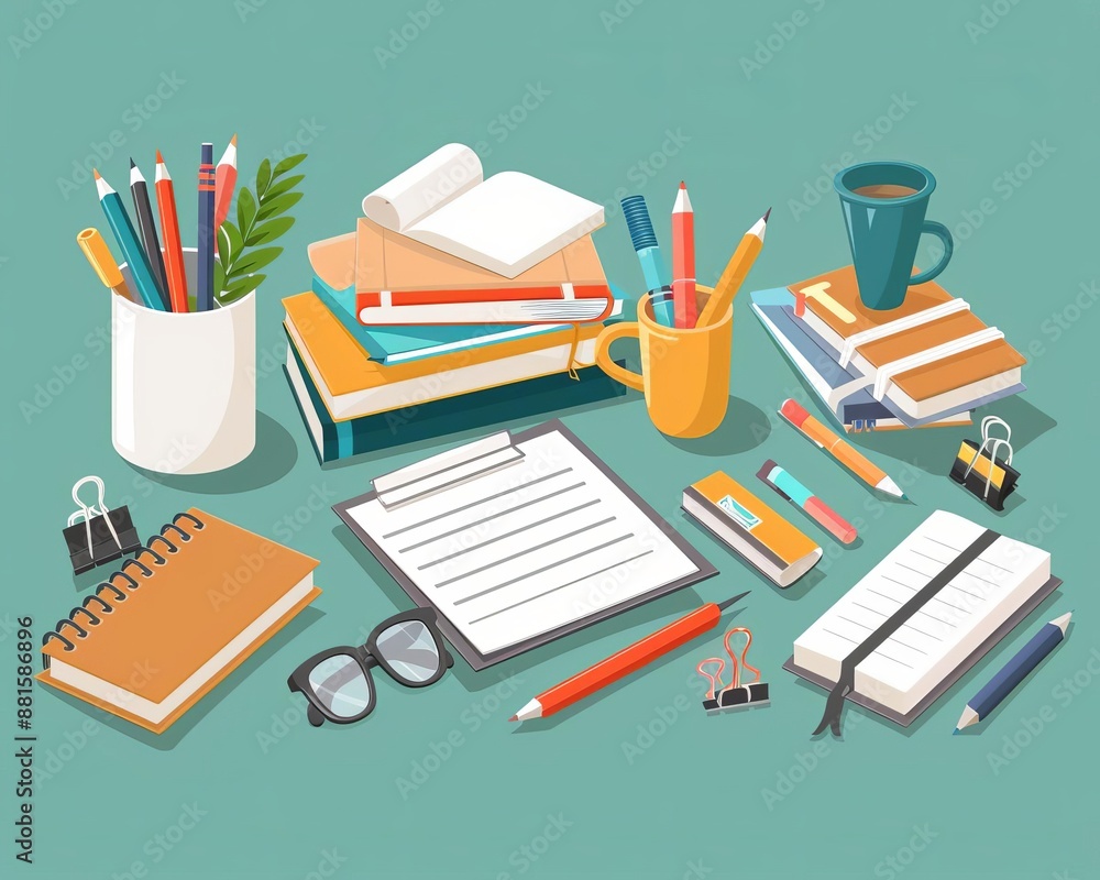 Desk with curriculum syllabus, organized stationery, flat design illustration Desk with curriculum syllabus, organized stationery, flat design illustration