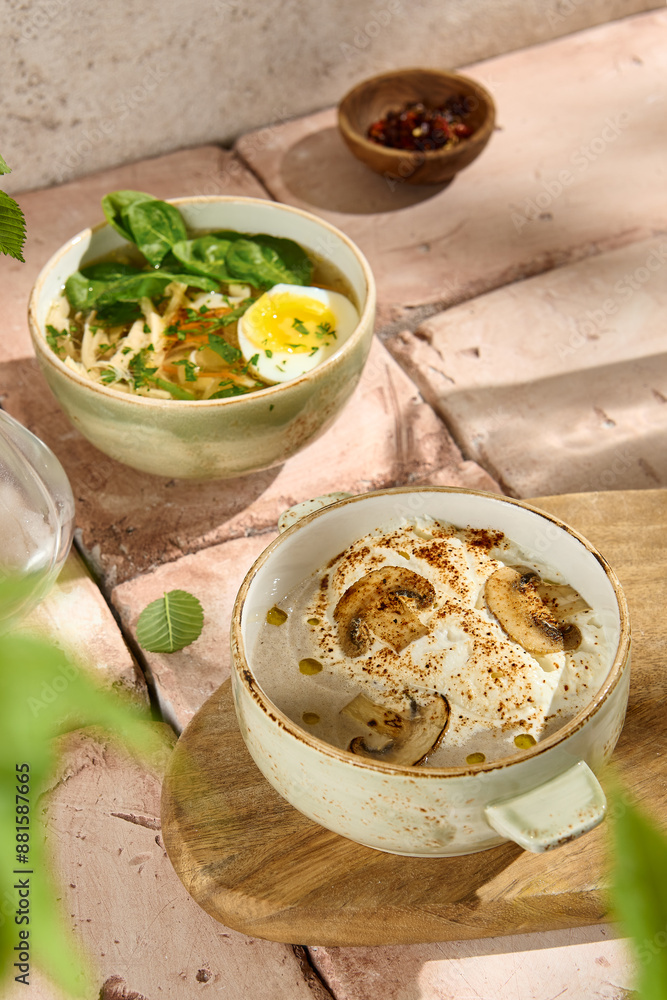 Authentic Still Life of Chicken and Mushroom Soups in Natural Sunlight with Beige Aesthetic Authentic Still Life of Chicken and Mushroom Soups in Natural Sunlight with Beige Aesthetic