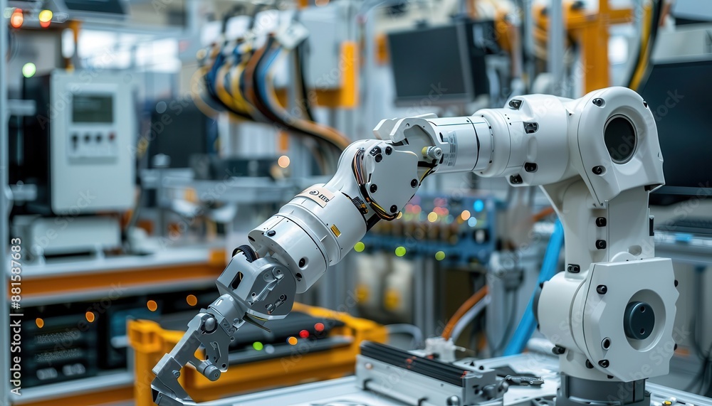 Close-up of an advanced robotic arm in a modern automated factory setting with various electronic components in the background. Close-up of an advanced robotic arm in a modern automated factory setting with various electronic components in the background.
