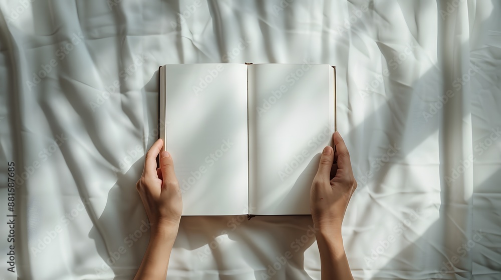 Female hands holding closed book with blank cover on light background. Female hands holding closed book with blank cover on light background.