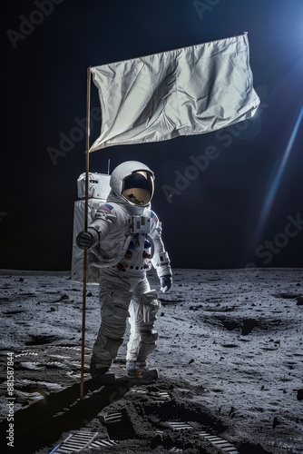astronaut holding white flag on planet
