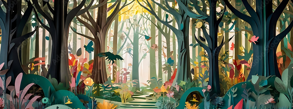 Obraz premium A magical forest made of paper cutouts, with mythical creatures, enchanted trees, and hidden fairy houses, creating a fantastical and enchanting world 