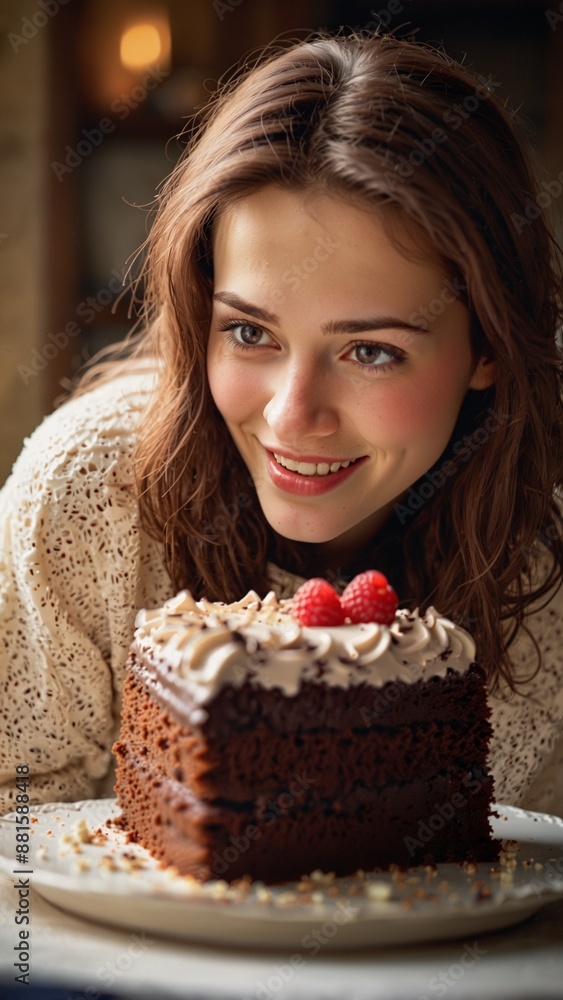 Smiling happy woman with desert Smiling happy woman with desert