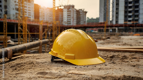 Yellow safety helmet. Industrial protective gear on wooden table. Construction Safety with Helmet Placement. Ai generative photo