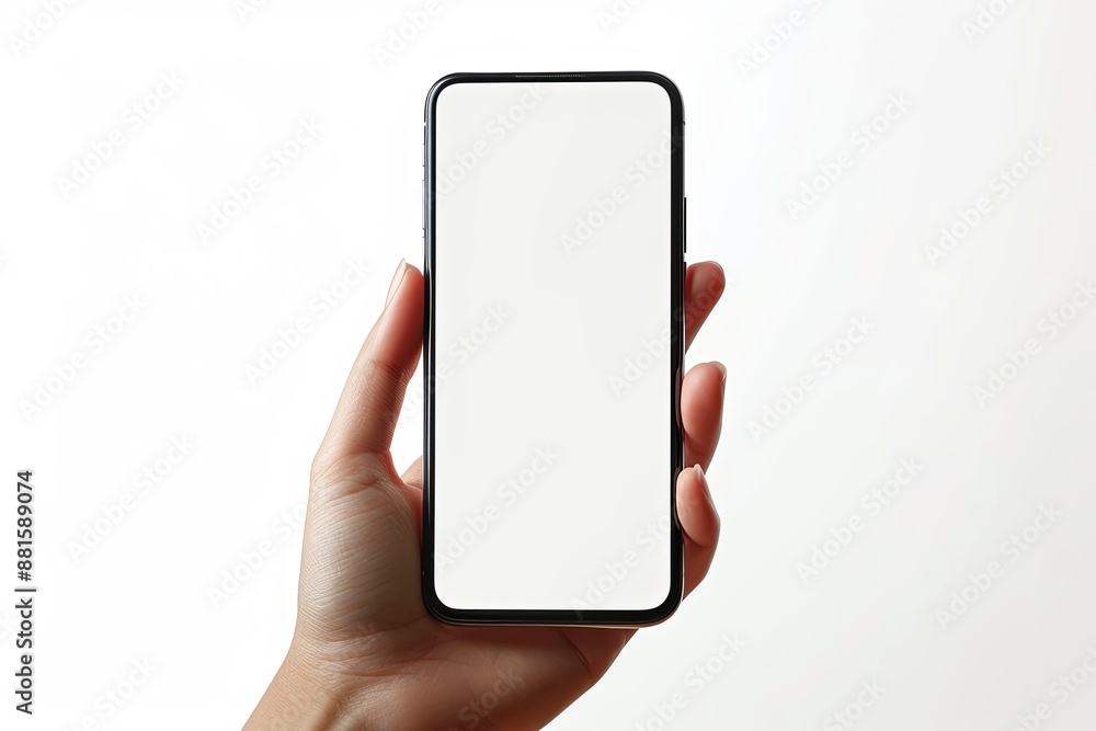 Smartphone mockup on hand with white blank screen created with Generative AI Smartphone mockup on hand with white blank screen created with Generative AI