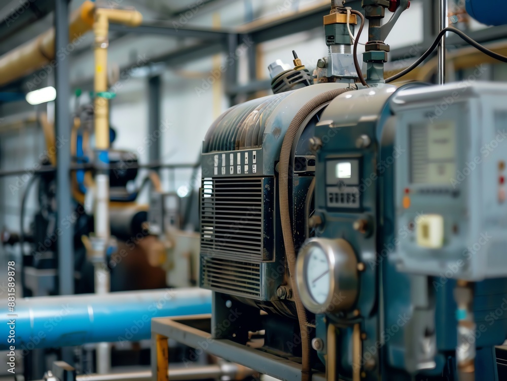 An industrial air compressor in a factory setting An industrial air compressor in a factory setting