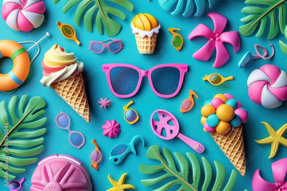 Fototapeta premium Vibrant flat design illustration featuring a collection of summer-themed clipart in a playful 3D style. Elements include sunglasses, beach balls, ice cream cones, palm trees, and flip-flops, all