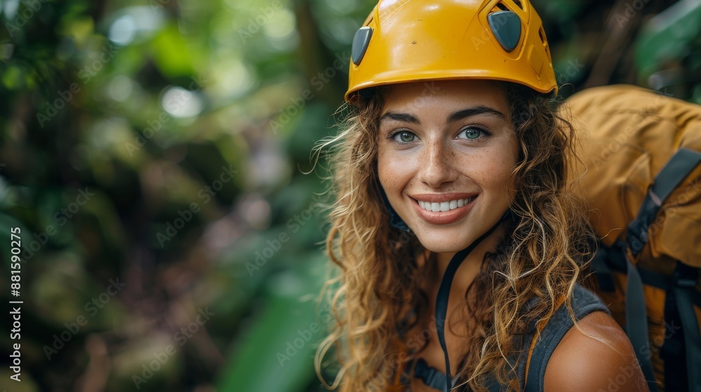 A beautiful smiling woman wearing a helmet and safety gear riding on the jungle canopy in an adventure park. A beautiful smiling woman wearing a helmet and safety gear riding on the jungle canopy in an adventure park.