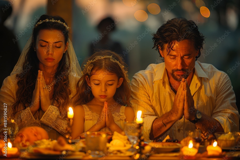 A family praying God together at the dinner table. A family praying God together at the dinner table.