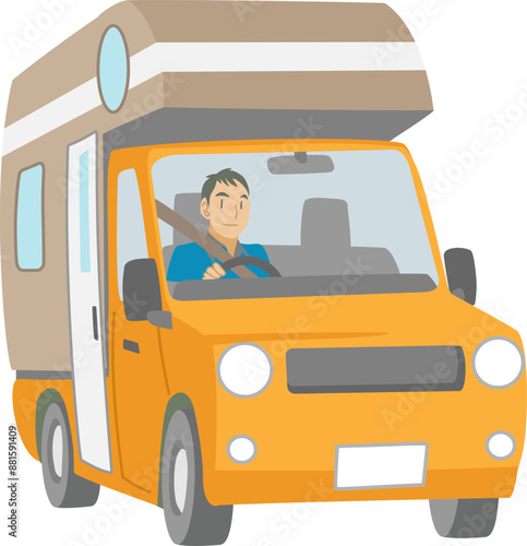 キャンピングカーを運転する男性のイラスト