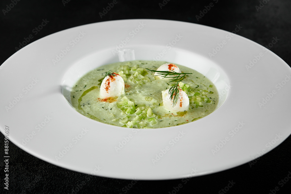 Chilled Cucumber Gazpacho with Mozzarella Cheese - Refreshing Summer Soup in Elegant White Bowl Chilled Cucumber Gazpacho with Mozzarella Cheese - Refreshing Summer Soup in Elegant White Bowl