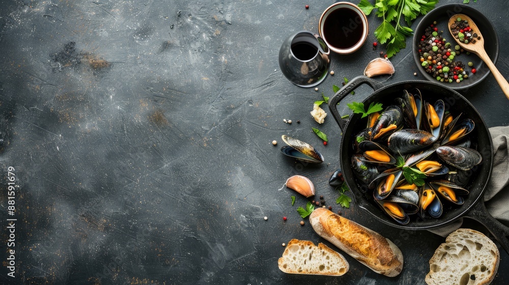 Rustic background with skillet of mussels bread wine and space for text Rustic background with skillet of mussels bread wine and space for text