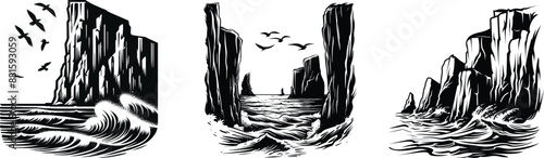 Set of coastal cliffs, black and white, vector illustration.